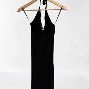 Sky Crochet Plunge Neck Halter Tie Neck Black Maxi Dress Sexy New Small